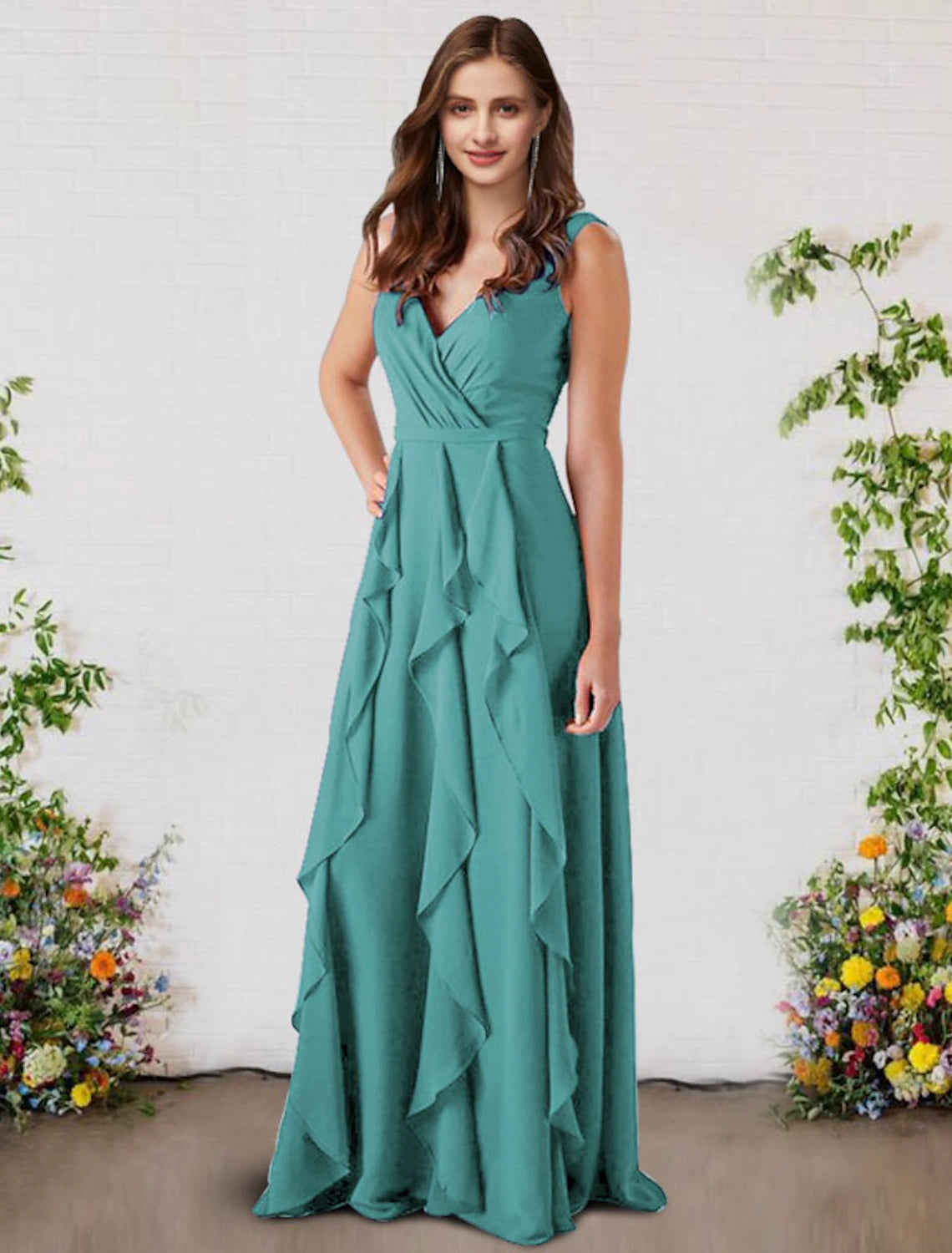 Abito da damigella d'onore a trapezio, elegante, senza maniche, in chiffon, lungo fino al pavimento, con scollo a V e volant